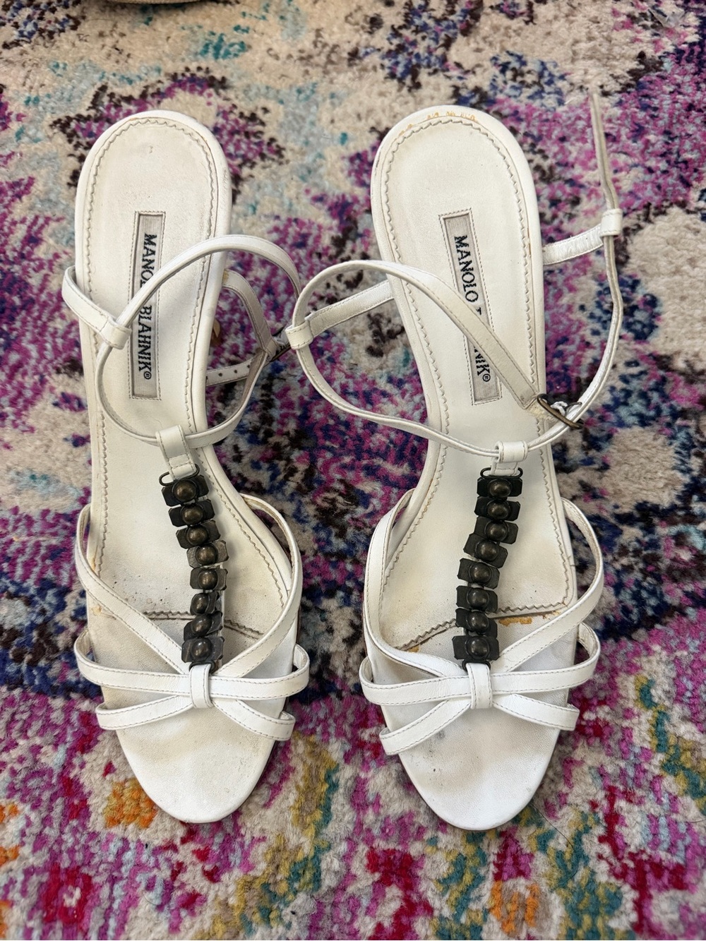 Manolo Blahnik White Strappy Beaded Sandals